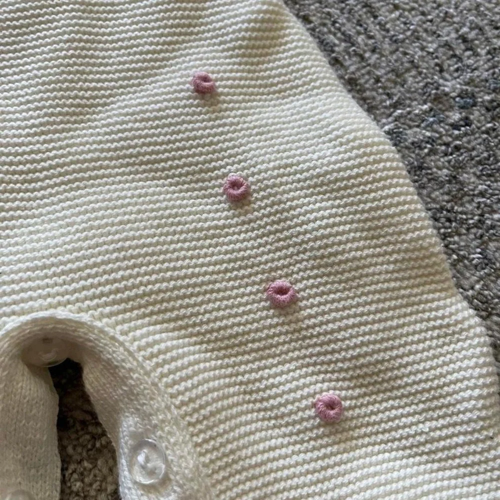 Vintage hand knit cotton dainty flower romper 0-3